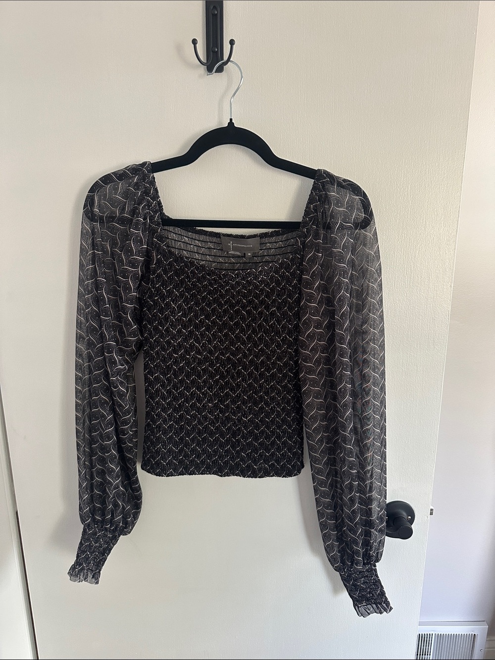 Anthropologie Black Sheer Puff-Sleeve Smocked Top